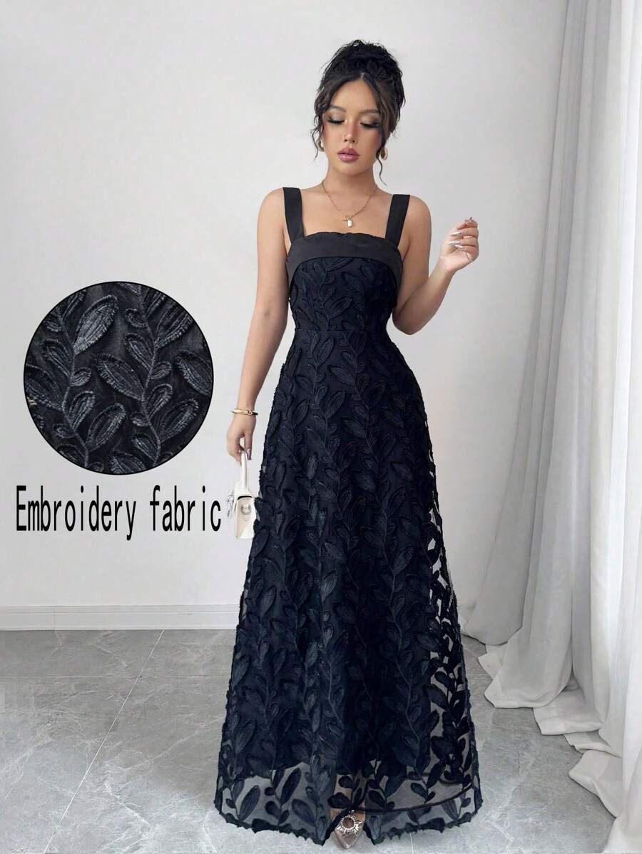 SHEIN Unity Women Mesh Embroidered Lace Trim Slip Dress Maxi Gown - Black - View 1