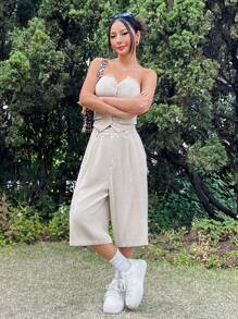 SHEIN EZwear Simple Stylish Casual Solid Color Tank Top And Pants Set - Apricot - View 3
