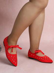 CUCCOO CURVES Giày bệt mũi nhọn giản dị màu trơn trang trí nơ đính đinh tán mùa xuân/thu 2024 - Đỏ - Xem 2