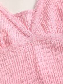 Sweetra New Fashion Textured Fabric Lace Trim Women Babydoll Camisole Top - Pink - View 4