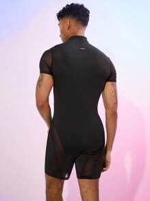 FeverCity Men's Mesh Splice Skinny Short Sleeve Jumpsuit With Suspenders - Black - View 4