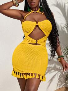 Slaydiva Nuevo vestido mini de mujer de verano con cuello halter, decoración de anillo de madera en el centro delantero, espalda descubierta, ajuste ceñido, falda mini con flecos, de tejido de crochet de punto amarillo