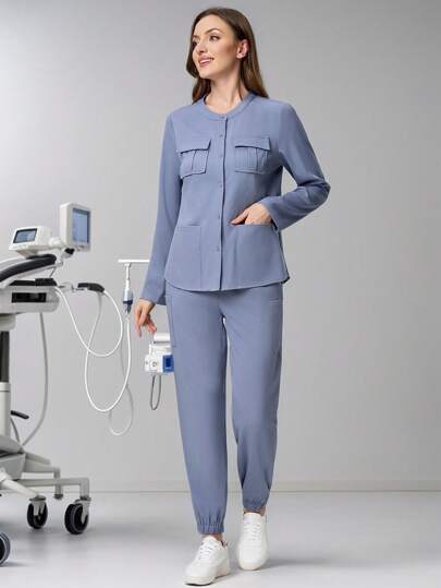 Scrubzie 2 件套抗皱多口袋衬衫长袖上衣和裤子，女士医疗保健手术服