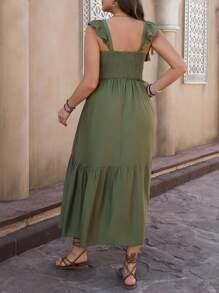 Flirla Plus Size Women's Solid Color V-Neck Ruffle Trim Layered Hem Dress, Casual Resort Style For Spring/Summer - Army Green - View 2