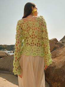 Anewsta Áo choàng đan móc thủ công họa tiết hoa khoét rỗng, giản dị, thanh lịch, thích hợp cho mùa hè, bãi biển - màu xanh lá - Xem 2