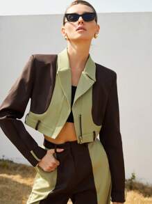 Aveloria Modichic 2pcs Women's Fashion Young Rebel Contrast Color Utility Cropped Jacket & Pants Suit Set