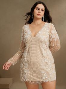 Anewsta Đầm dự tiệc tay dài đính sequin gợi cảm cỡ lớn cho nữ, trang phục xuân/hè - Màu be - Xem 1