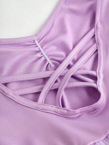 SHEIN 女孩紧身浅紫色波尔卡圆点舞蹈紧身衣，芭蕾舞服装公主芭蕾舞裙带蝴蝶结，网眼面料专业，时尚优雅的芭蕾舞，黑色可爱迷你芭蕾舞裙 - 淡紫色 - 查看 3