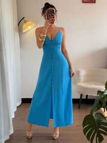 Rafferiza 女士优雅蓝色细肩带连衣裙：无袖 V 领前开扣夏季连衣裙女士优雅连衣裙