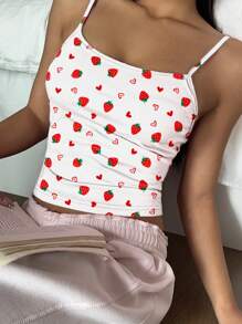 Muchica Women's Casual Sexy Figure-Hugging Racerback Tank Top With Allover Strawberry Heart Design - White - View 5
