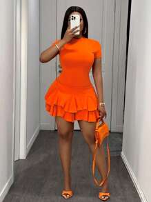 Slaydiva Summer Casual Round Neck Ruffle Trim Fitted Mini Bodycon Dress, Unique Fashion Style - Orange - View 6