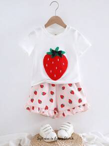Cozy Pixies 2pcs/Set Young Girl Cartoon Strawberry Pattern Knit Soft Round Neck Short Sleeve Pullover Top And Elastic Waist Shorts - Multicolor - View 3