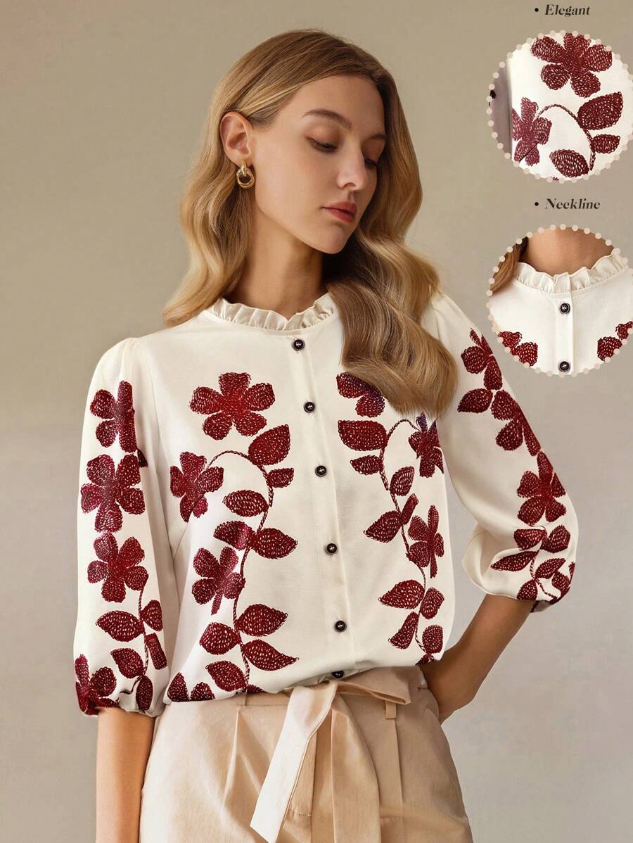 SHEIN Clasi Women's Floral Pattern Frill Sleeve Single-Breasted Blouse - Burgundy - View 1