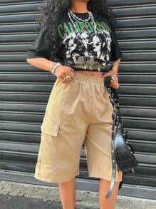 SHEIN Leap Crew Teen Girl Graphic Print T-Shirt & Cargo Shorts 2 Pieces Set, Casual, Loose Fit, Versatile, Round Neck Short Sleeve Tee, Suitable For Various Sports, Back To School, College Style - Khaki - View 6