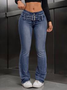 SHEIN Tall Women's Flare Leg Casual Versatile Jeans With Waist Buckle Design - Medium Wash - View 6