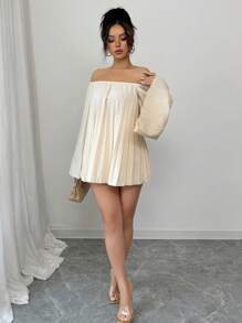 Elenzga Women Casual Romantic Ruched Off Shoulder Ruffled Two-Piece Set, Suitable For Vacation & Daily Wear Fall Cloth For Women