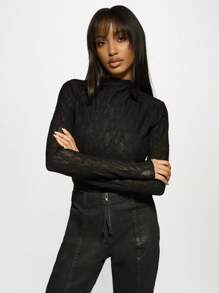 MISSGUIDED Elegant Lace Long Sleeve Bodysuit High Neck Evening Party Date Night Form-Fitting Dance Ballet Leotard With Mesh Details