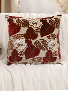 复古树叶装饰枕套、天鹅绒提花靠垫套，适合客厅和卧室 - 酒紅色 - 查看 2