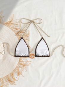 SHEIN Swim Mod Women's Contrast Trim Halter Bikini Top, Summer Beach Vacation - Brown - View 2