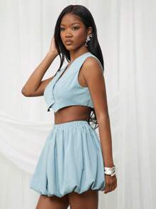 SHEIN Unity Falda mini a rayas verticales con bajo globo, para primavera, verano, ocasiones especiales, negocios, oficina, boda, fiesta, cena, baile de graduación, Acción de Gracias, Navidad, Año Nuevo para mujeres - Azul - Ver 7