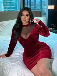 Franclia Plus Size Women Solid Color Stand Collar Mesh Short Sleeve Simple Shift Dress, Wine Red - Burgundy - View 1