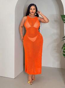 Slaydiva Plus Size Women Orange Sleeveless Hollow Out High Slit Maxi Knitted Dress, Sexy Beach Vacation Look, Spring/Summer - Orange - View 3