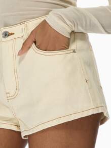 MISSGUIDED 高腰牛仔迷你短裤复古风格夏季休闲原始下摆棉质牛仔短裤假日海滩节服装复古时尚 Y2K 裤 - 米色 - 查看 3