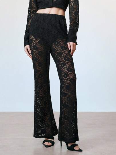 SHEIN LUNE Pantalones elegantes con piernas acampanadas y ajuste delgado de encaje negro para mujer, para todas las temporadas