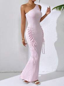 SHEIN Unity Elegant Nobility Sexy Oblique Shoulder Waist Fitting Party Cocktail Dress - Pink - View 6