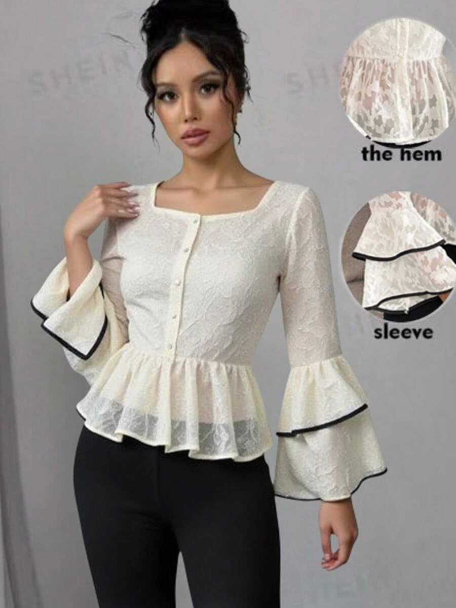 SHEIN Unity Women Elegant Square Neck Cutout Bell Sleeve Blouse Fall Cloth For Women - Apricot - View 1