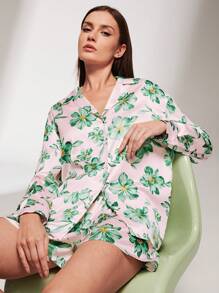 LUVLETTE Silky Satin Green Floral Print Button-Up Top & Shorts Loungewear Airy Women Pajama Set Pants With Pockets Lounge Sets For Women Lingerie