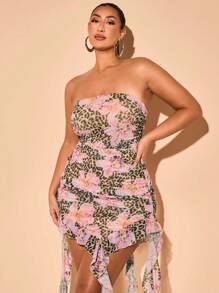 SHEIN BAE 大码女式优雅花卉荷叶边下摆抹胸连衣裙/夏季度假连衣裙/音乐节/度假服装女装/夏季/夏装/女式夏装 - 粉色 - 查看 3