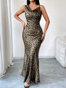 Calvaya Elegante abito lungo da donna con schiena aperta, stampa leopardata dorata, adatto per appuntamenti, feste e uso quotidiano, sexy