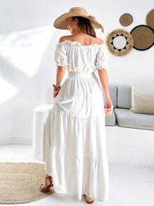 EURMUSE A Line Dress Puff Sleeve Front Knot Ruched Bust Hem Dress - White - View 2