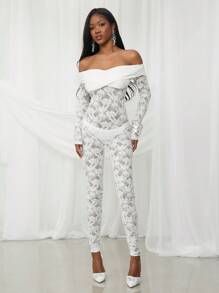 NYA SZN Mono entallado de manga larga con hombros al aire y encaje, perfecto para primavera, fiestas de verano, bodas, graduaciones, cenas, bailes de graduación