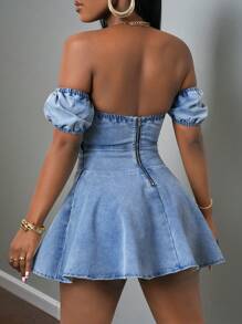 Slaydiva Spring And Summer New Style Casual Street Cute Daily Date Puff Cap Sleeves One Shoulder Wrap Chest Sweetheart Neck V Hem Ruffle Hem Light Blue Women's Denim Dress-EE