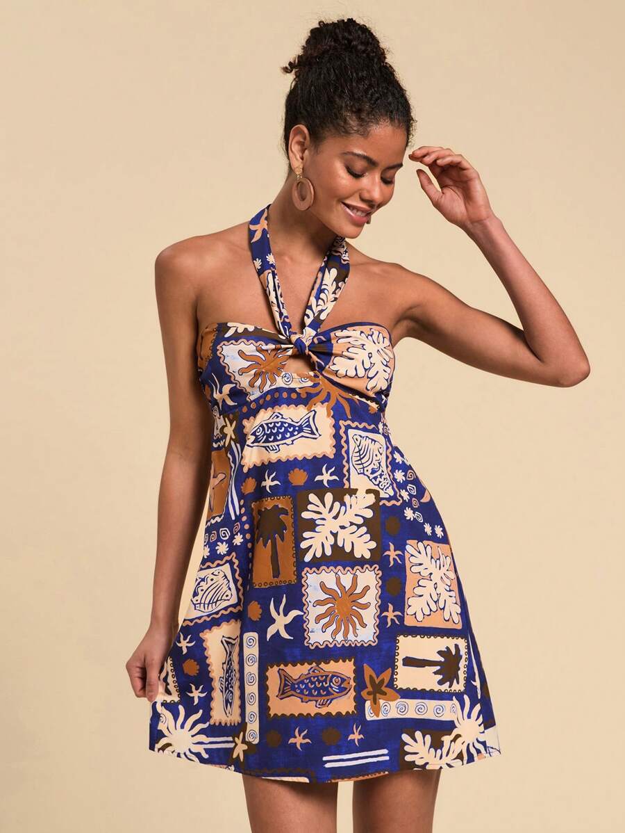 Travachic Vestido mini suelto con hombros descubiertos para mujer, estilo de vacaciones de playa con estampado floral, para primavera/verano - Multicolor - Ver 1