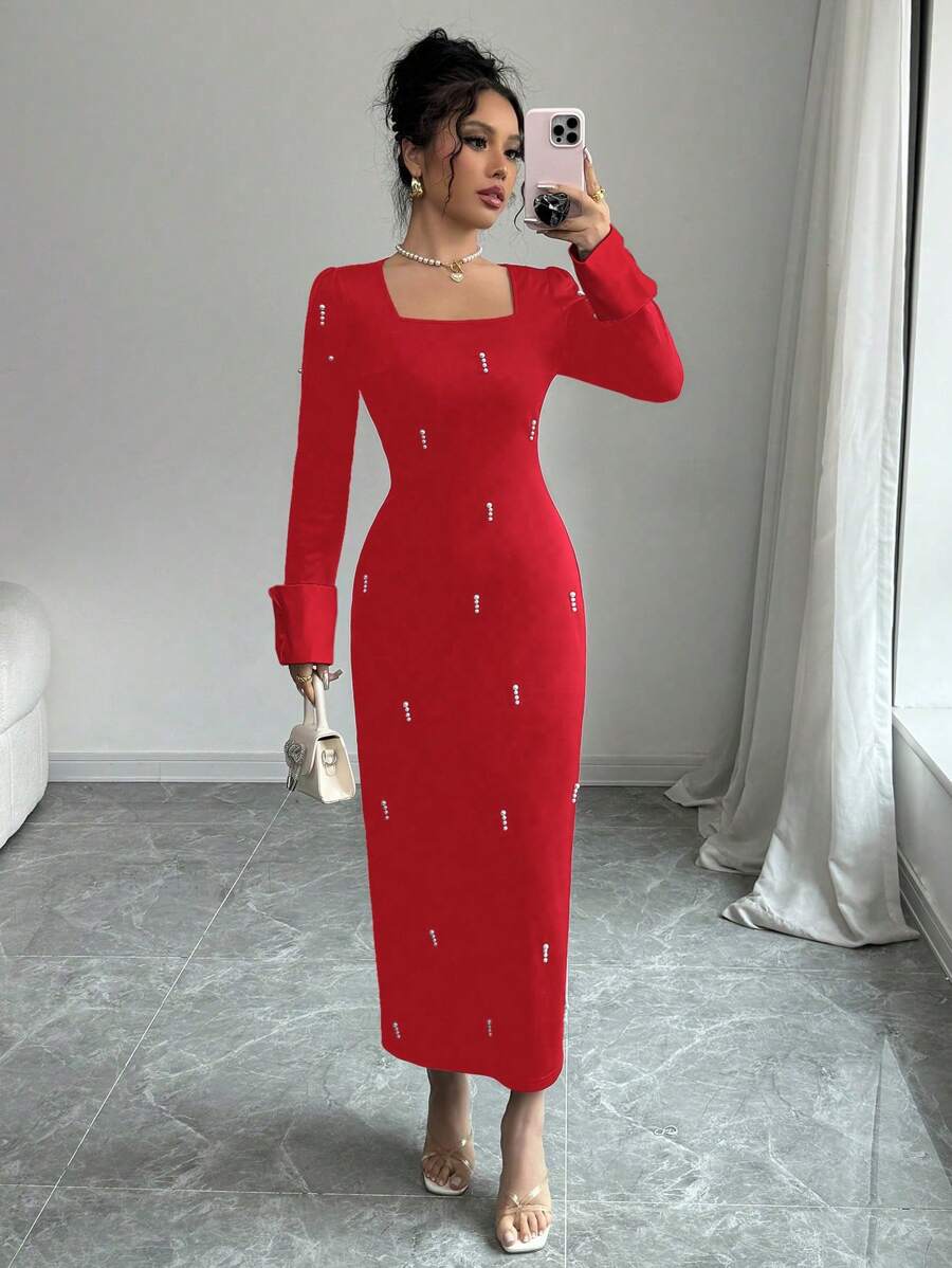 Elenzga Women's Beaded Contrast Color Long Sleeve Dress - Red - View 1