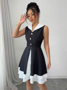 Elenzga Mùa xuân/hè mới về thanh lịch cài nút ngọc trai màu tương phản ve áo không tay cho nữ - Đen và trắng - Xem 6