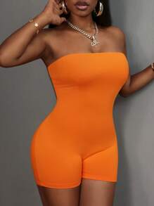 Slaydiva 休闲运动基本款抽绳褶皱橙色女式连体裤 - 橘色 - 查看 5