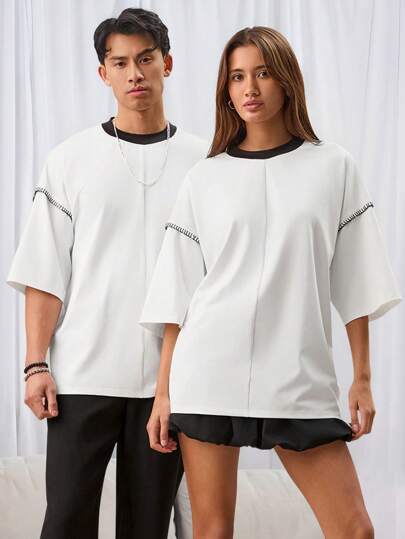 Manfinity VCAY Unisex Casual Knitted Patchwork Seashell Embroidery Loose Drop Shoulder Round Neck Short Sleeve T-Shirt, Suitable For Daily Wear