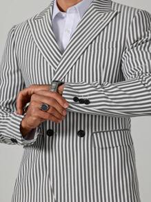 Manfinity Mode Men's Casual Button Front Striped Pocket Long Sleeve Top & Long Pants 2pcs Set - Black and White - View 5