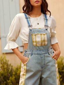 WESTFADE Mixed Media Western Woven Plaid & Denim Loose Fit Straight Leg Overall Spring Summer Beach Outfit - Medium Wash - View 4