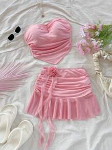 Soleia 2pcs Set: 3D Floral Tube Top & Mini Skirt, Minimalist & Fashionable Casual Everyday Beach Clothes Outfit, Wedding Season, Afternoon Tea, Music Festival - Baby Pink - View 5