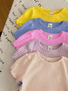 SHEIN LMoss Kids 5件套女童夏季可爱罗纹纯色荷叶边下摆短袖上衣 - 彩色 - 查看 5