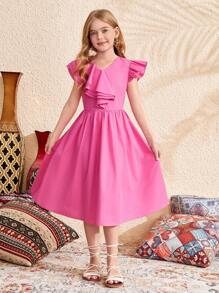 SHEIN Vestido informal para niñas preadolescentes con mangas de vuelo, recorte de volantes asimétrico y elegante - Rosa Fucsia - Ver 5