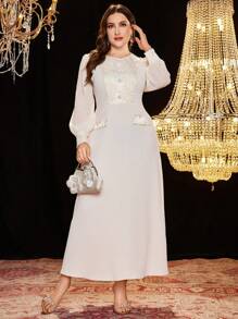 Modelyn 雪紡拼接提花布料長袖優雅大尺碼洋裝 - 杏色 - 查看 6