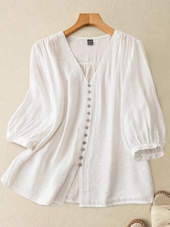 EMERY ROSE Women's Button-Down Shirt With Gathered Shoulders And Half Sleeves