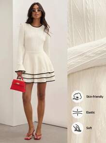 COSMINA Women's Casual Patchwork Trim Layered Hem Old Money Style Elegant Dress, Fall And Winter