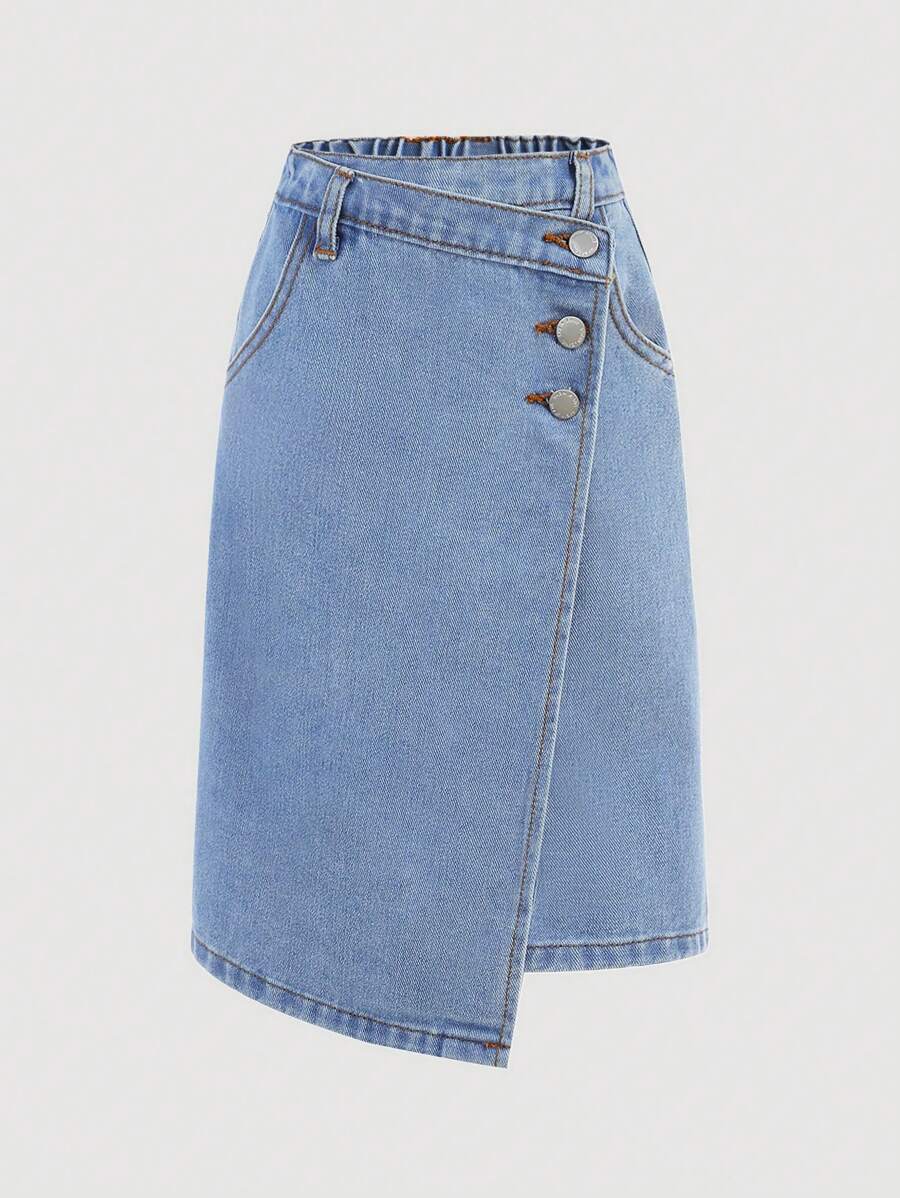 SHEIN 年轻女孩休闲基础款蓝色牛仔裙，春夏波西米亚风半裙，春夏休闲度假流浪风穿搭，街头潮流 - 淺色水洗藍 - 查看 1